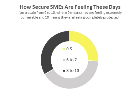 A circular diagram shows how secure SMEs feel these days, on a scale of 0 to 10, where 0 means they feel extremely vulnerable and 10 means they feel completely protected. There are three slices, representing the values 0 to 5, 6 to 7 and 8 to 10. The proportion in these slices are roughly 25%, 40% and 35% respectively. All values are approximate.