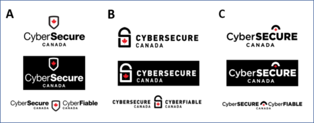 An image shows the representations of three different visual concepts A, B and C. All concepts include identifiers of CyberSecure Canada (shown in both white and black backgrounds). While all three incorporate the maple leaf, each concept uses a distinctive symbol as follows: A- Shield, B- Lock, and C- Arch. In concept A, the letters C and S are capitalised in CyberSecure. In B, all the letters are of uppercase. In concept C, the letter C in Cyber is capitalised, and the word “SECURE” is uppercase.