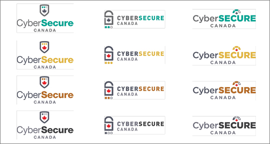The identifiers of CyberSecure Canada are represented according to the three different visual concepts that use a Shield, a Lock and an Arch respectively. In addition, the concepts incorporate colours, both for the word “Secure”, as well as for the symbol used. In the first concept, the first letters of the words “Cyber” and “Secure” are capitalised. In the second concept, both the words are uppercase. In the third, the letter C in “Cyber” and the entire word “SECURE” are capitalised. There are four variations shown for each concept, where a different colour is used for the word Secure and for the symbol. The first variation uses green, the second uses gold, the third uses bronze and the fourth variation uses silver. The maple leaf is shown in red in all variations of the concepts except the first variation, where the leaf is represented in grey.