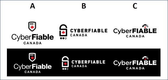 Une image montre les représentations de trois concepts visuels différents, A, B et C. Tous les concepts comprennent les logos de CyberFiable Canada  (présentés en blanc et en noir) . Bien que tous les trois intègrent la feuille d’érable, chaque concept utilise un symbole distinctif comme suit : A – Bouclier, B – Cadenas et C – Voûte. Dans le concept A, les lettres C et F sont en majuscules dans le nom CyberFiable. Dans le concept B, touts les noms sont écrits en majuscules. Dans le concept C, la lettre C dans Cyber est en majuscule, et tous le mot « FIABLE » est en majuscules.