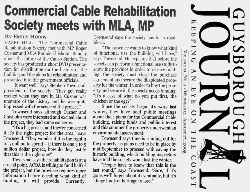 Commercial Cable Rehabilitation Society meets with MLA, MP: Guysborough Journal, 17 Aug. 2005