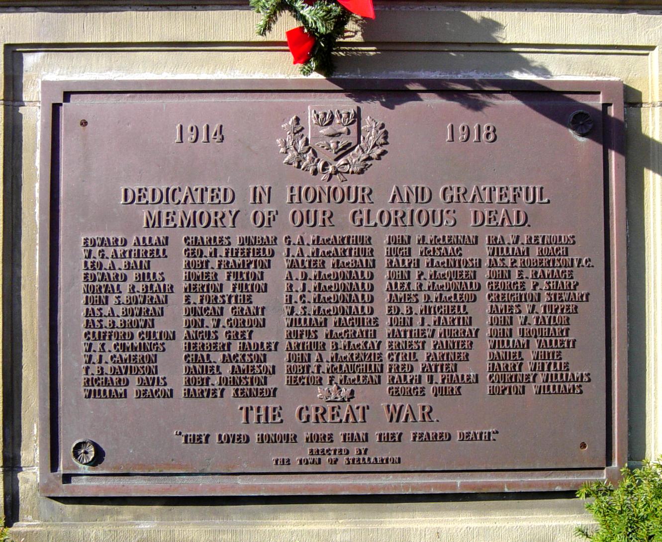 Nova Scotia, Stellarton: World War One memorial plaque