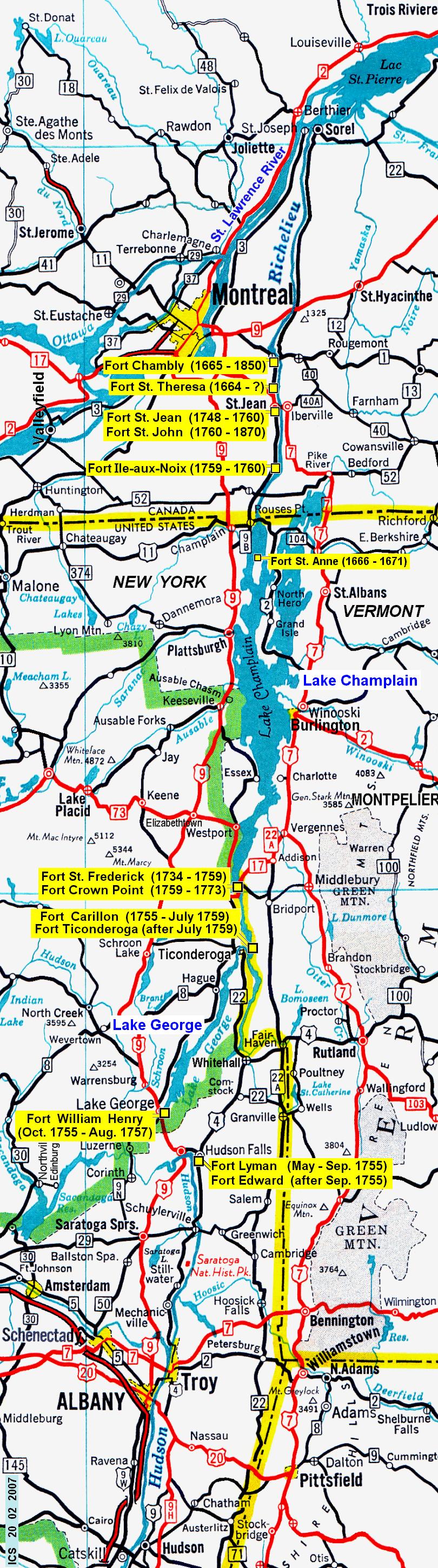 French and Indian War, map showing the Lake Champlain waterway connecting New York with Canada