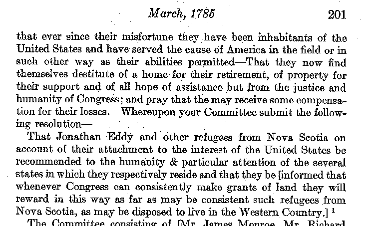 March 28, 1785: Jonathan Eddy and other refugees from Nova Scotia