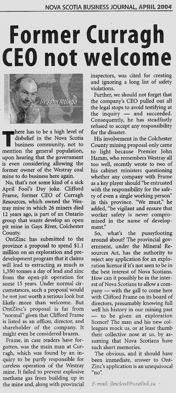 Former Curragh CEO not welcome, Nova Scotia Business Journal, April 2004