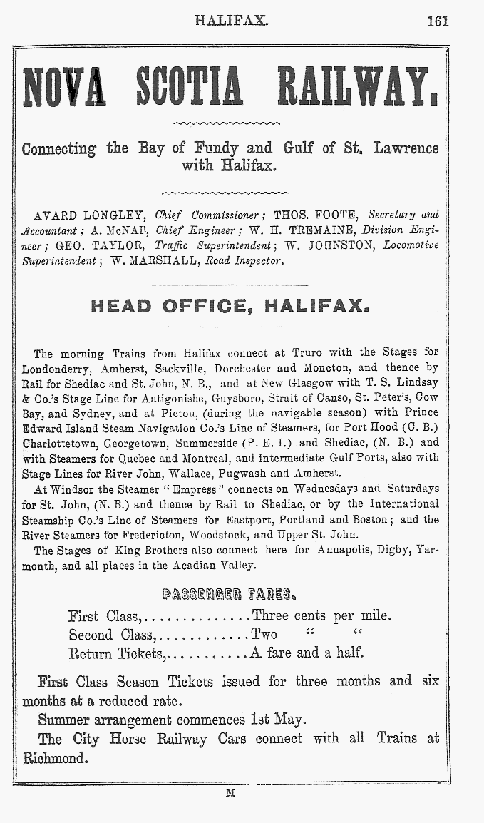 Nova Scotia Railway advertisement, 1868