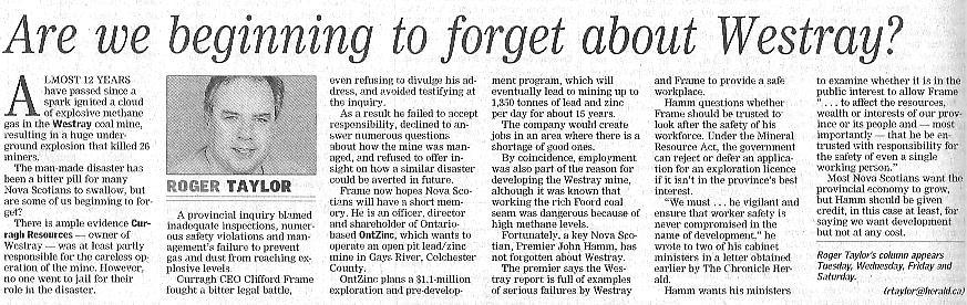 Are we beginning to forget about Westray?  Halifax Chronicle-Herald, 5 March 2004