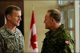 Chief of the Defence Staff General Walt Natynczyk welcomes General Stanley McChrystal, of ISAF and Commander of the U.S. Forces in Afghanistan, during an official visit to Ottawa. Partnerships, such as the one between Canada and the U.S., are essential to helping Afghans rebuild their country.