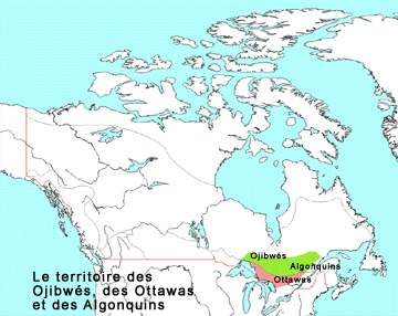 Carte, le territoire des Ojibwés, des Ottawas et des Algonquins