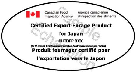 Spécimen de l'étiquette du contenant - Produit fourrager certifié pour l'exportation vers le Japon