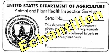 Ceci est un échantillon d'un étiquette de certification d'exportation. Dans cet exemple, le numéro d'identification de la pépinière est précédé par l'abréviation en deux lettres de l'État; « FL » représente la Floride. Pour qu'on puisse mieux voir, cet exemple a été agrandi.