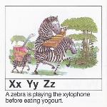 Page from book, THE ANNICK ABC, with an illustration of zebras playing the xylophone and text that includes X, Y and Z words
