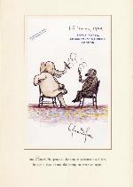 Page from book, TRUNKS ALL ABOARD: AN ELEPHANT ABC, with an illustration of an elephant and a chipanzee smoking cigars