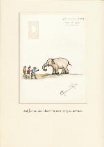 Page from book, TRUNKS ALL ABOARD: AN ELEPHANT ABC, with an illustration of people offering food to an elephant