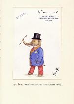 Page from book, TRUNKS ALL ABOARD: AN ELEPHANT ABC, with an illustration of an elephant wearing a top hat and carrying a cane