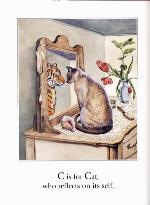 Page from book, ALPHABEASTS, with an illustration of a cat looking into a mirror and text for the letter C
