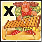 Page from book, A,B,C...PLAY WITH ME!, with an illustration of the letter X and a man playing the xylophone