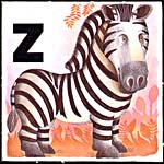 Page from book, A,B,C...PLAY WITH ME!, with an illustration of the letter Z and a zebra