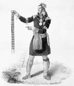 Graphical element: Huron chief wearing a red coat from the Hudson's Bay Company