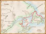 Carte du premier voyage de Jacques Cartier, du 20 avril au 5 septembre 1534; il traverse le détroit de Belle-Isle et se rend jusqu'au golfe du Saint-Laurent en suivant le littoral de la Gaspésie, de l'Île-du-Prince-Édouard et de Terre-Neuve