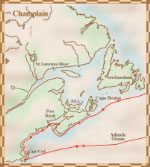 Map showing the route of Champlain's second voyage, 1604-1607, along the eastern coastline from Cape Breton to Cape Cod