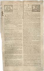 Front page of an original of newspaper, THE HALIFAX GAZETTE, No. 1, March 23, 1752 (pages 1 and 2)