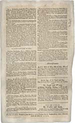Back page of an original of newspaper, THE HALIFAX GAZETTE, No. 1, March 23, 1752 (pages 1 and 2)