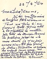 Note de Claude Champagne à son épouse, 22 février 1964