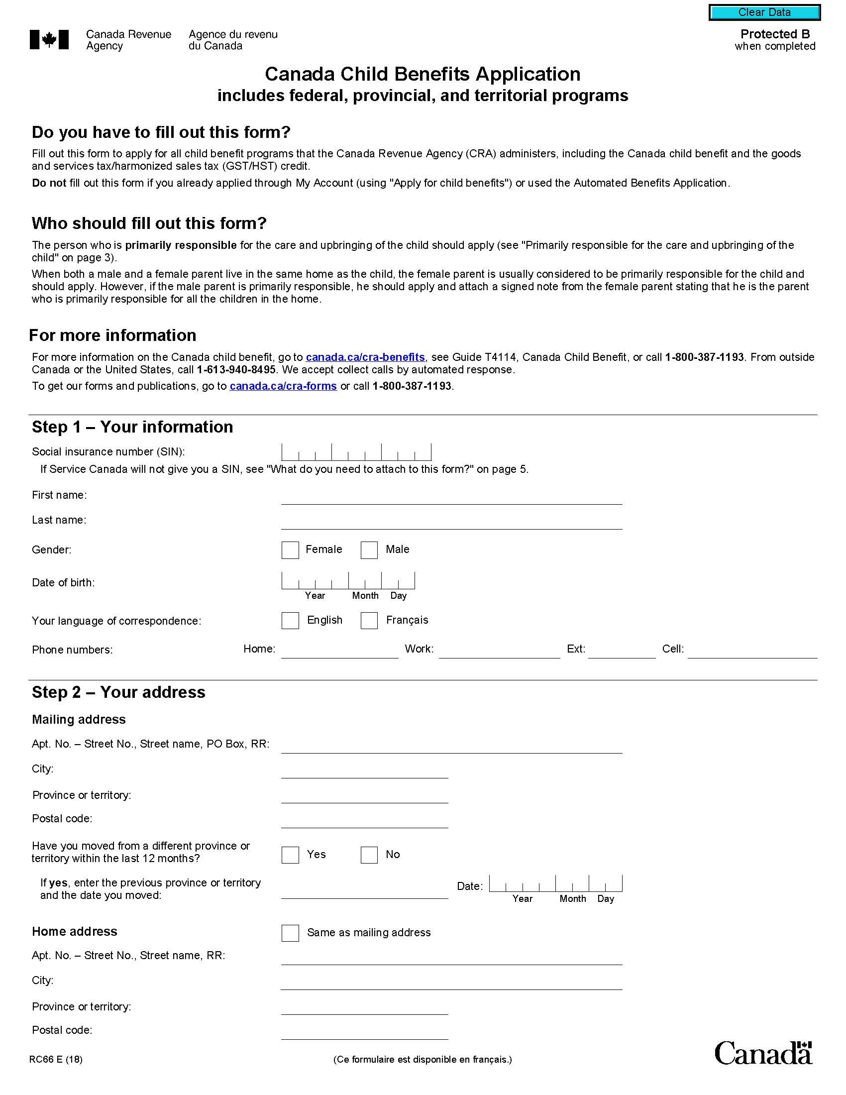 page 1 of Canada Child Benefit Application Form (RC66)