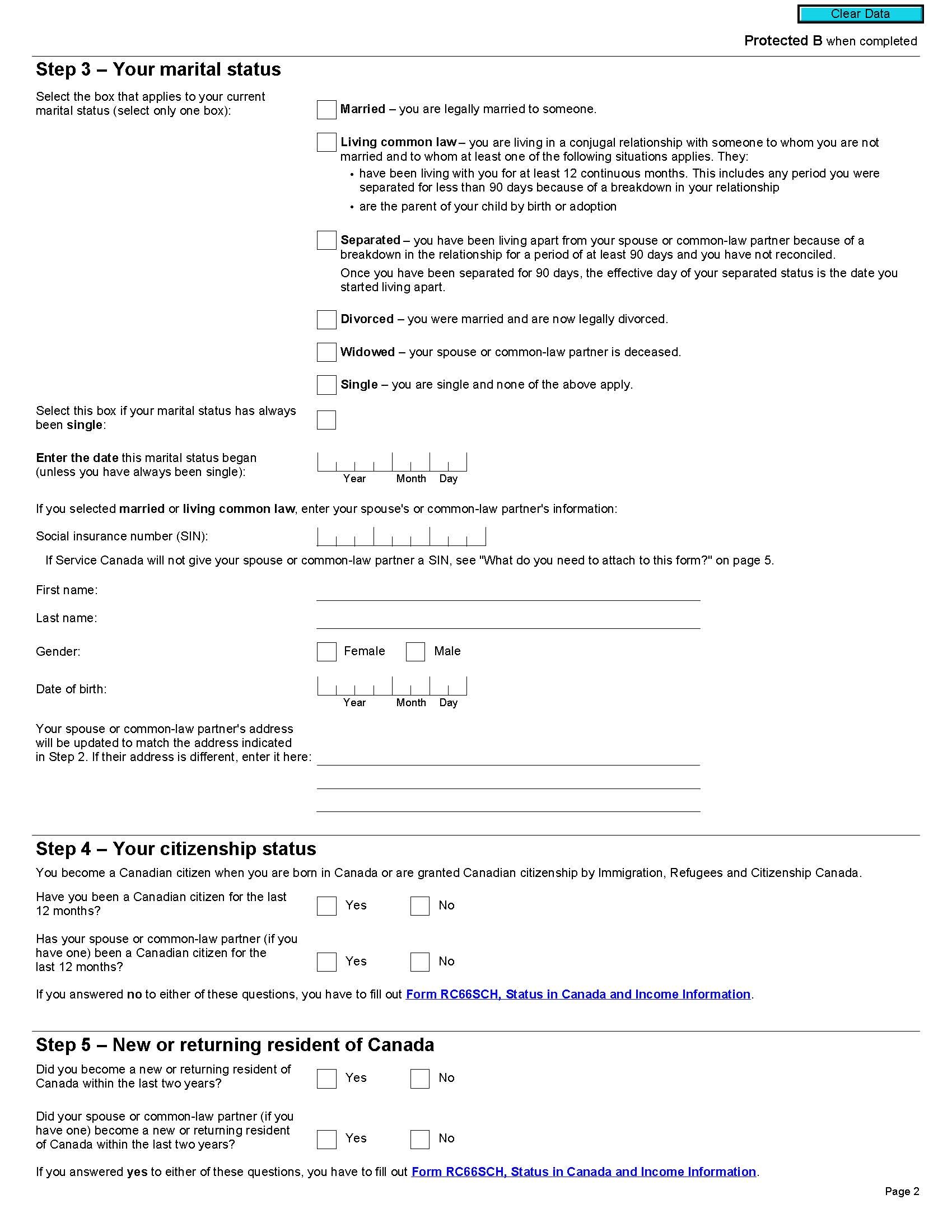 page 2 of Canada Child Benefit Application Form (RC66)