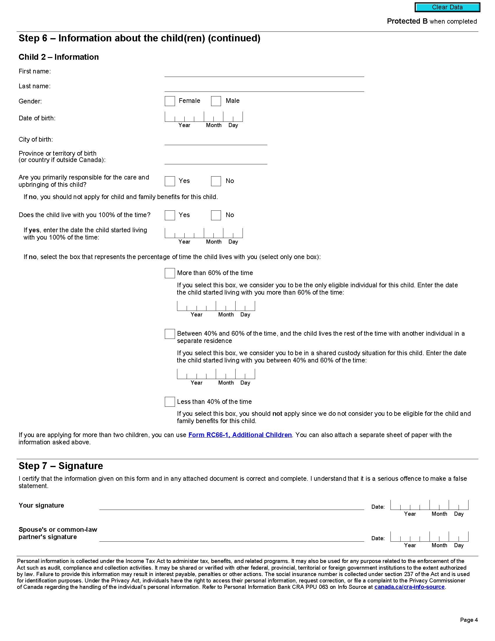 page 4 of Canada Child Benefit Application Form (RC66)