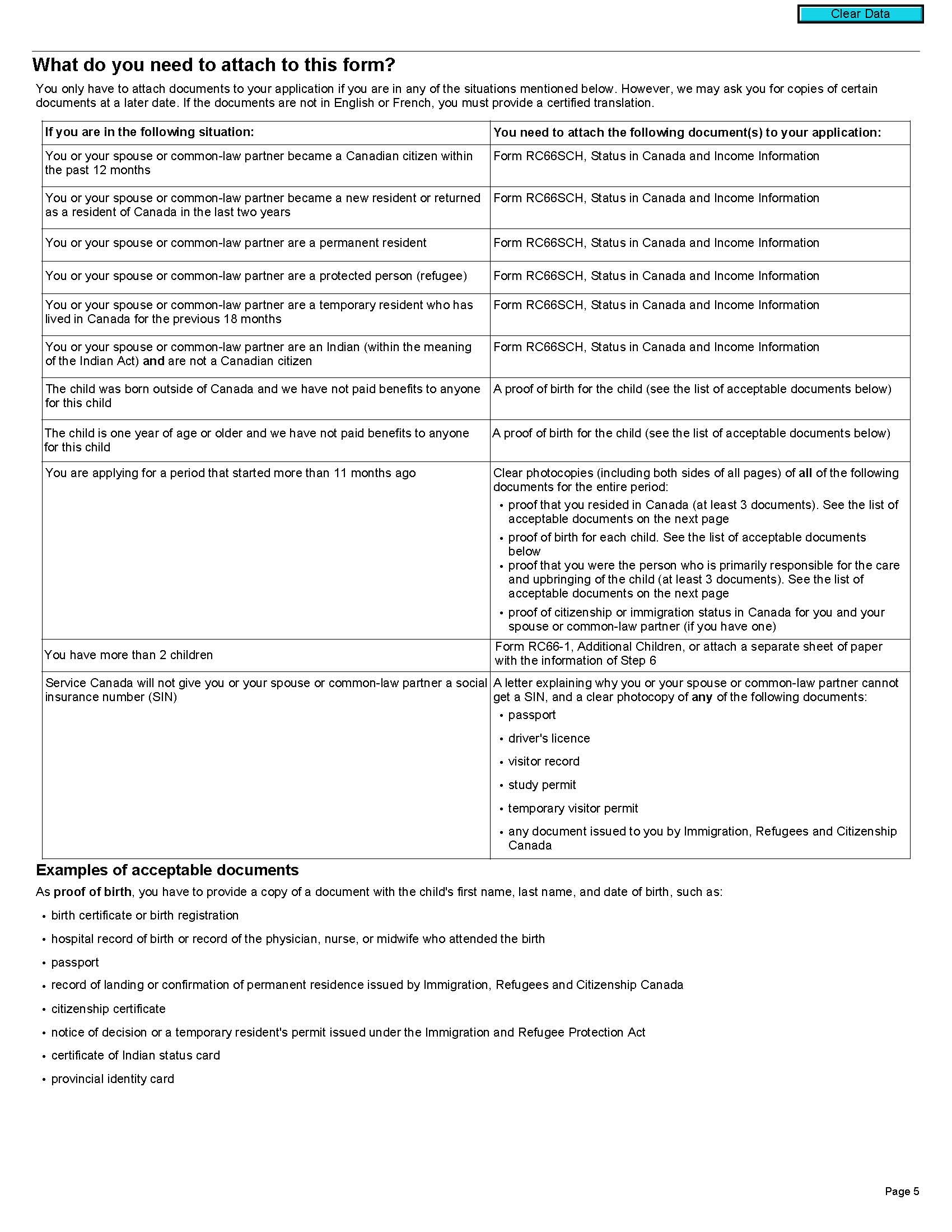 page 5 of Canada Child Benefit Application Form (RC66)
