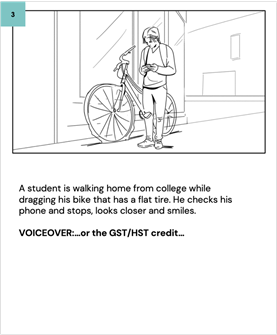 A student is walking home from college while dragging his bike that has a flat tire. He checks his phone and stops, looks closer and smiles.
    
    VOICEOVER:…or the GST/HST credit…
    