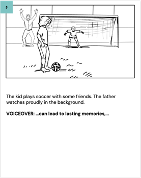 The kid plays soccer with some friends. The father watches proudly in the background.
    
    VOICEOVER: …can lead to lasting memories,...
    