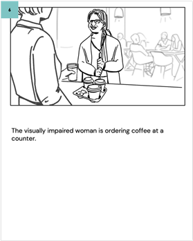 The visually impaired woman is ordering coffee at a counter. 
    