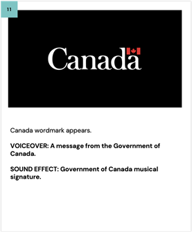 Canada wordmark appears.
    
    VOICEOVER: A message from the Government of Canada.
    
    SOUND EFFECT: Government of Canada musical signature.
    