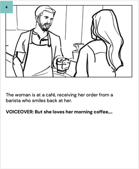 The woman is at a café, receiving her order from a barista who smiles back at her.
    
    VOICEOVER: But she loves her morning coffee,...
    