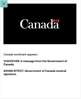 Canada wordmark appears.
    
    VOICEOVER: A message from the Government of Canada.
    
    SOUND EFFECT: Government of Canada musical signature.
    