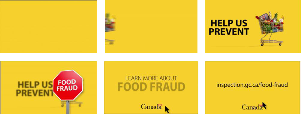 A series of photos demonstrating a short advertising GIF. A shopping cart full of groceries appears across a yellow background with the text 'HELP US PREVENT'. A stop sign with the words 'FOOD FRAUD' then appears over the cart. The next frame shows a yellow background reading 'LEARN MORE ABOUT FOOD FRAUD' with the Government of Canada logo and a cursor. The final frame reads 'inspection.gc.ca/food-fraud' with the Government of Canada logo and a cursor.