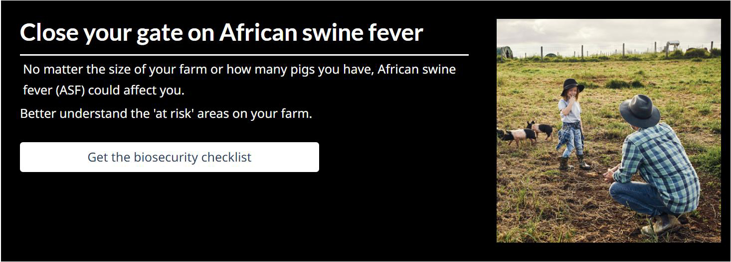 A poster with the title, “Close your gate on African swine fever,” is shown.