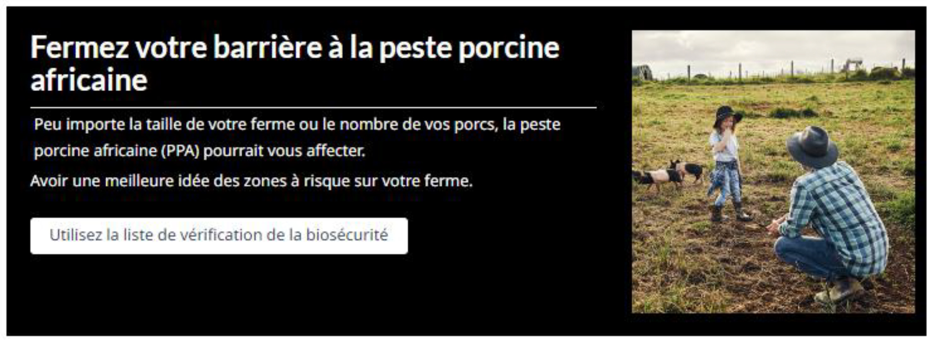 Une affiche intitulée “Fermez votre porte sur la peste porcine africaine” est montrée.