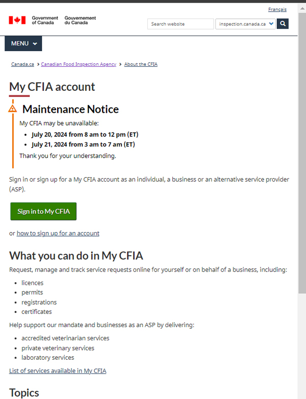 The screenshot shows a web page from the Canadian Food Inspection Agency (CFIA) website dedicated to the “My CFIA” account service.