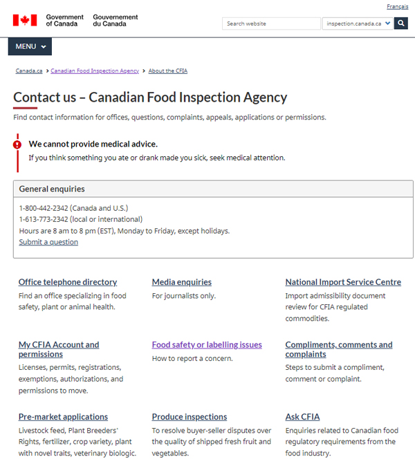 The screenshot shows a web page from the Canadian Food Inspection Agency (CFIA) website dedicated to providing contact information for various CFIA services.