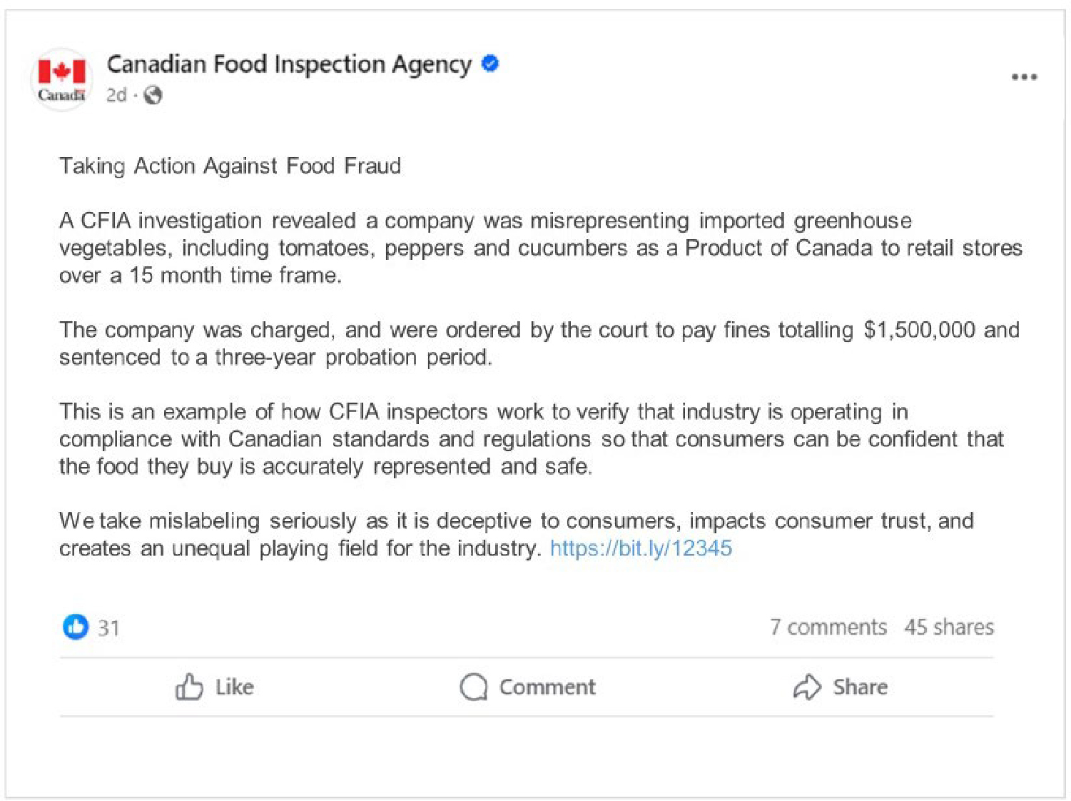 The Facebook post by the Canadian Food Inspection Agency (CFIA).