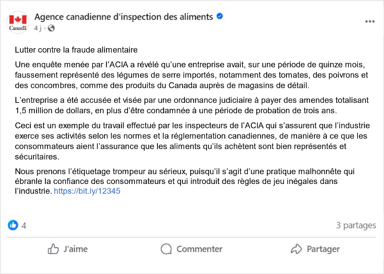 La publication Facebook de l’Agence canadienne d’inspection des aliments (ACIA).