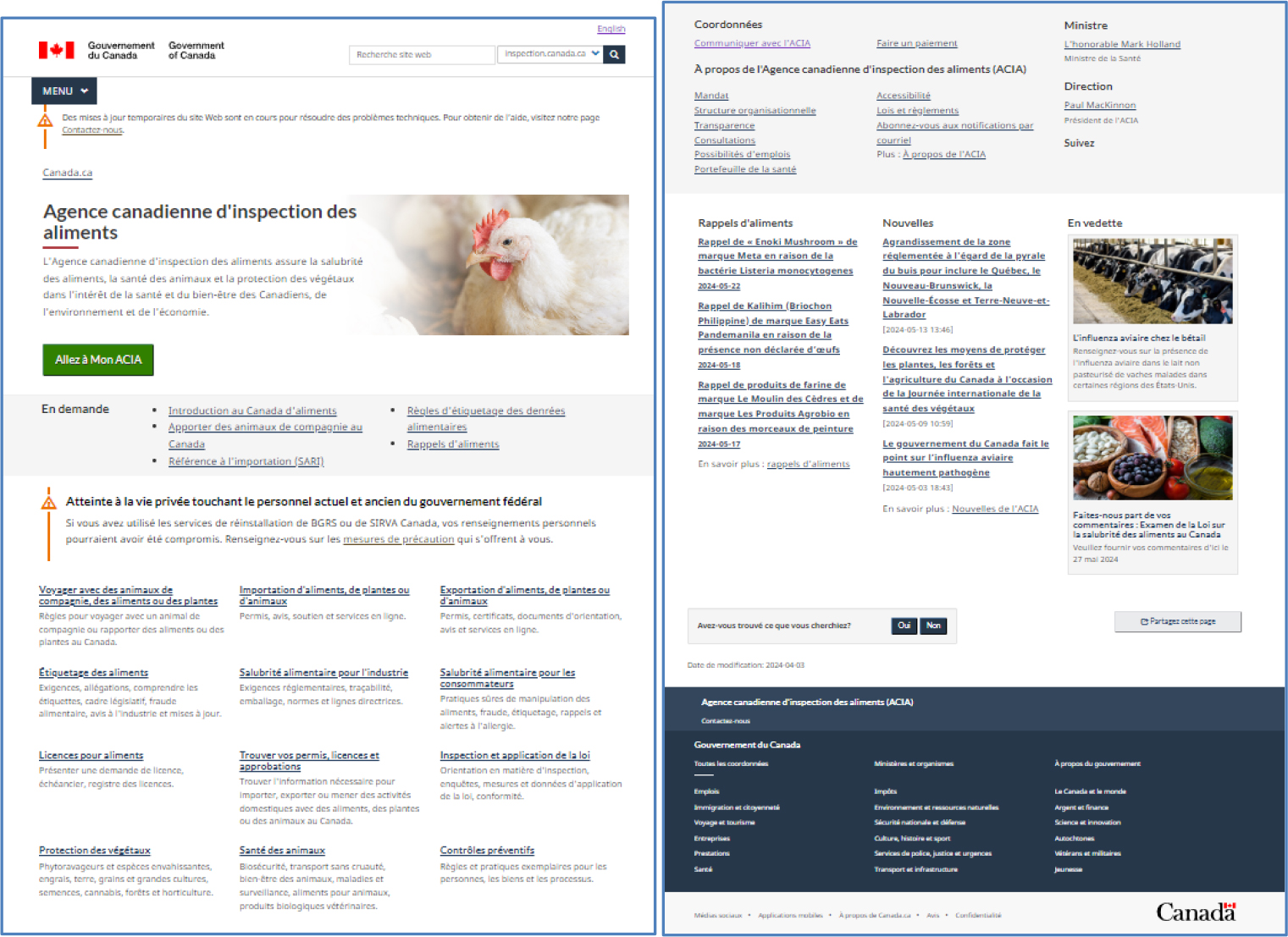 La capture d’écran affiche deux pages Web du site Web de l’Agence canadienne d’inspection des aliments (ACIA), offrant un aperçu complet des services et des ressources d’information de l’agence.