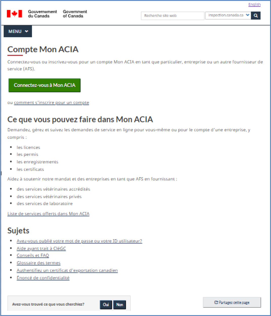 La capture d’écran montre une page Web du site Web de l’Agence canadienne d’inspection des aliments (ACIA) dédiée au service de compte « Mon ACIA ».