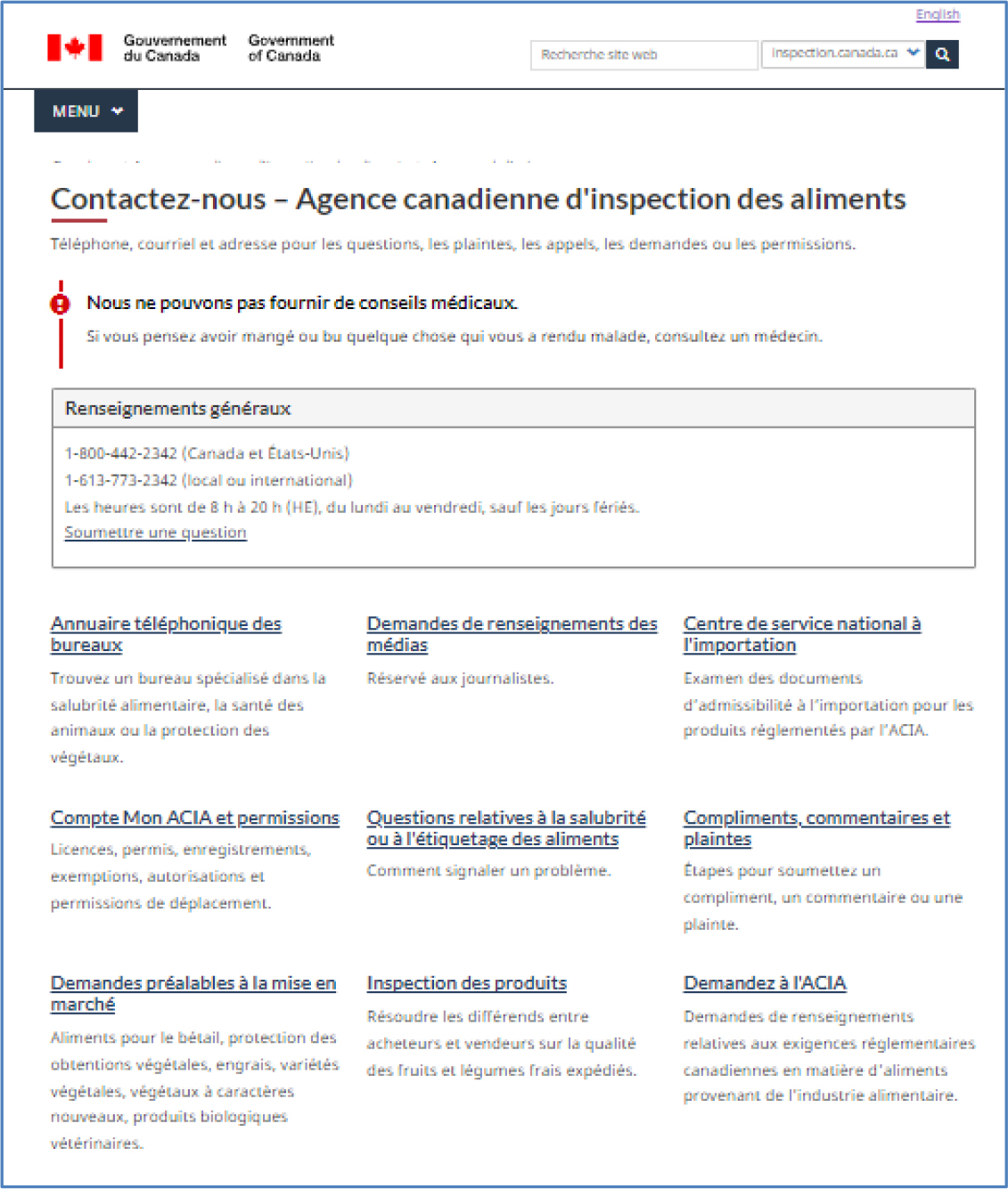 La capture d’écran montre une page Web du site Web de l’Agence canadienne d’inspection des aliments (ACIA) dédiée à la fourniture des coordonnées de divers services de l’ACIA.