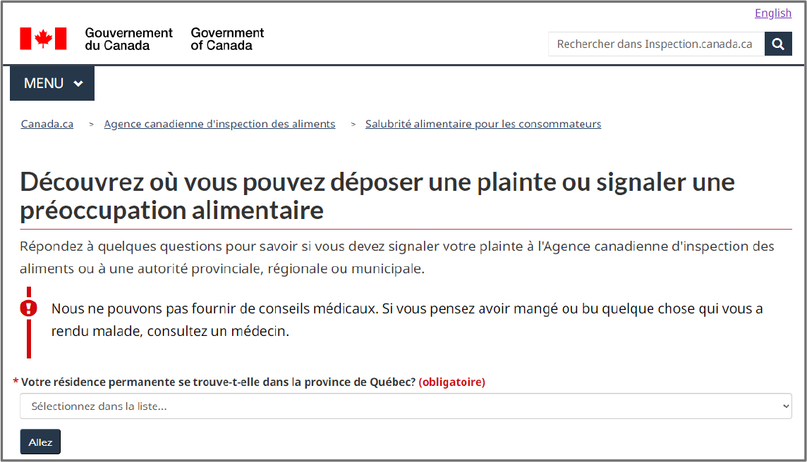 La capture d’écran affiche une page Web de l’Agence canadienne d’inspection des aliments (ACIA) qui guide les utilisateurs sur la façon de signaler une plainte ou une préoccupation alimentaire.