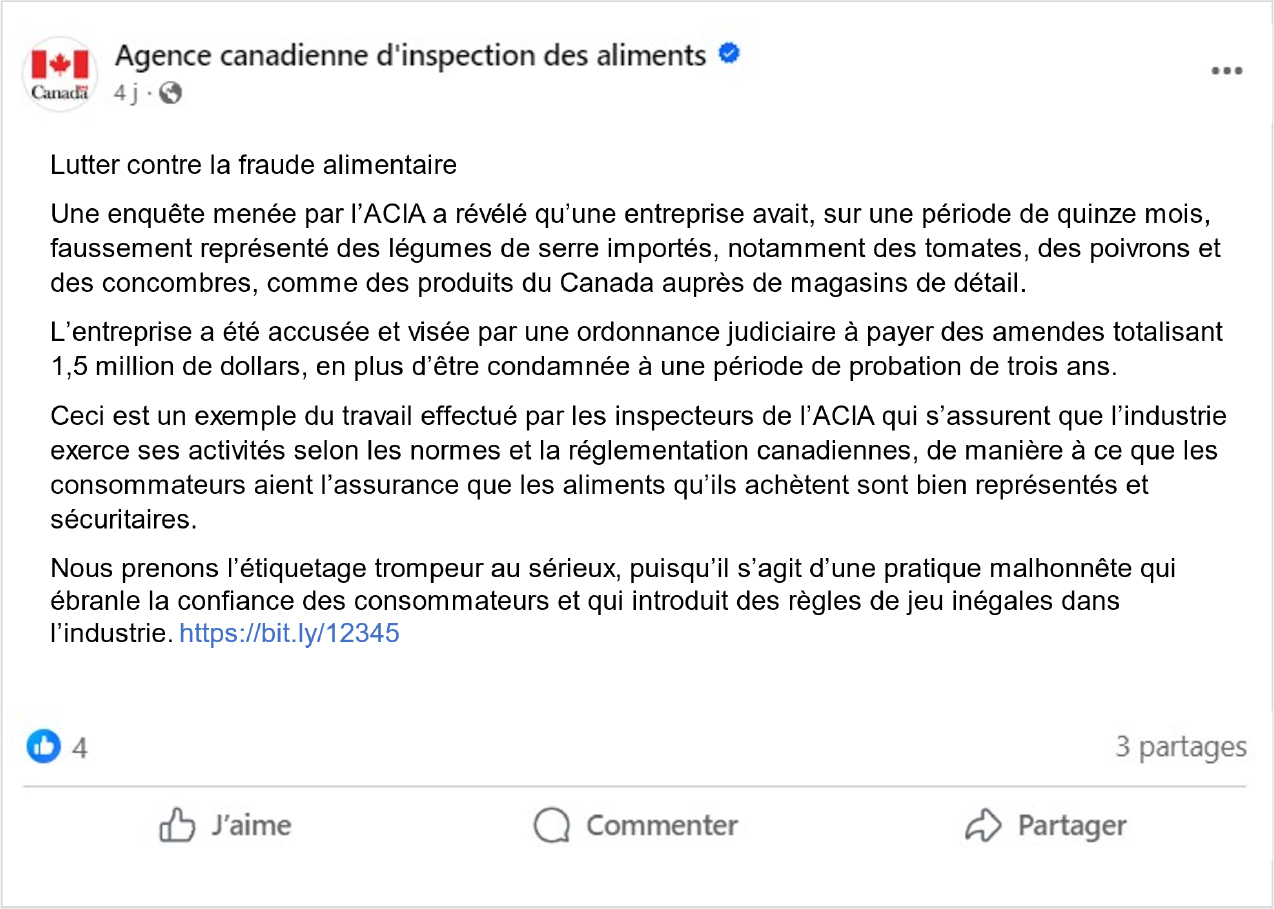 La publication Facebook de l’Agence canadienne d’inspection des aliments (ACIA).